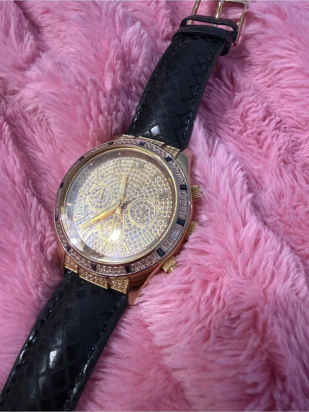 Michael Kors Gold Crystal Dial Unisex Watch with Black Leather Strap